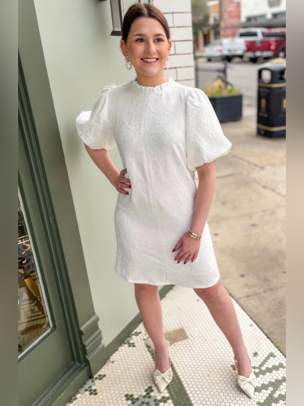 THML Puff Sleeve Embroidered Dress Mock Neck Ruffle White Womens Size Medium